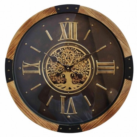 RELOJ PARED MAQUINARIA CON NÚMEROS ROMANOS ÁRBOL DE LA VIDA INDUSTRIAL METAL Y MADERA 50X8X50 CM.