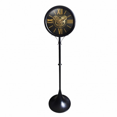RELOJ DE PIE MAQUINARIA CON NÚMEROS ROMANOS INDUSTRIAL METAL Y CRISTAL 35X35X139 CM.