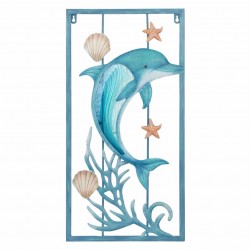 ADORNO PARED DELFIN CON CORAL METAL Y CRISTAL 31X3X61 CM.