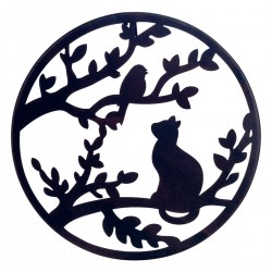 ADORNO PARED GATO CON ÁRBOL Y PÁJARO NEGRO METAL 30X0.50X30 CM.