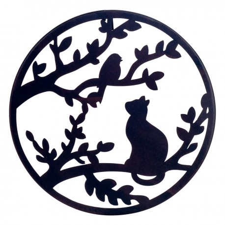 ADORNO PARED GATO CON ÁRBOL Y PÁJARO NEGRO METAL 30X0.50X30 CM.
