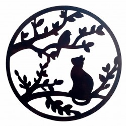 ADORNO PARED GATO CON ÁRBOL Y PÁJARO NEGRO METAL 60X1X60 CM.
