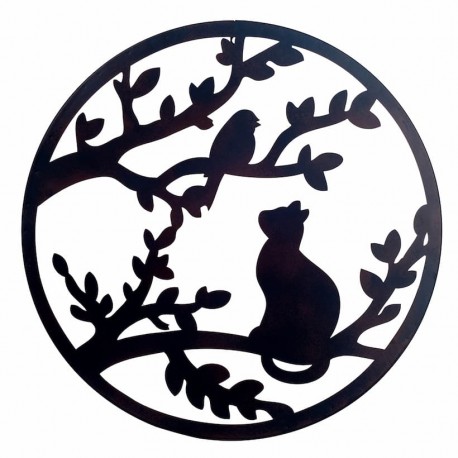 ADORNO PARED GATO CON ÁRBOL Y PÁJARO NEGRO METAL 60X1X60 CM.