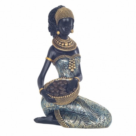 FIGURA AFRICANA SENTADA SOBRE RODILLAS CON CESTA RESINA 15X11X20 CM.