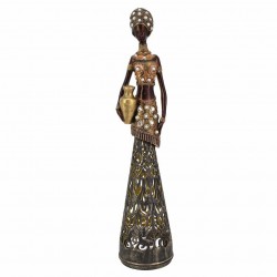 FIGURA AFRICANA PLANTADA CON JARRÓN RESINA DORADO 8X8X38 CM.