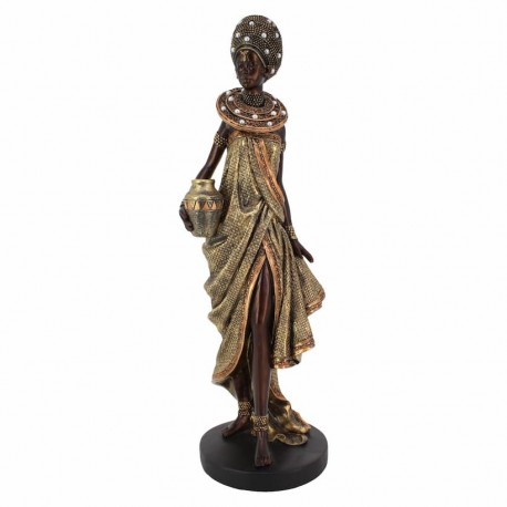 FIGURA AFRICANA PLANTADA CON JARRÓN RESINA DORADO 13.50X11.50X38 CM.