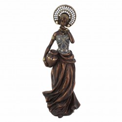 FIGURA AFRICANA PLANTADA CON JARRÓN RESINA DORADO 14X11X35 CM.