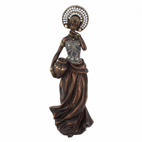 FIGURA AFRICANA PLANTADA CON JARRÓN RESINA DORADO 14X11X35 CM.