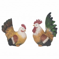 SET 2 FIGURAS GALLO Y GALLINA COLORES RESINA RÚSTICO 13.5X9X17 CM.