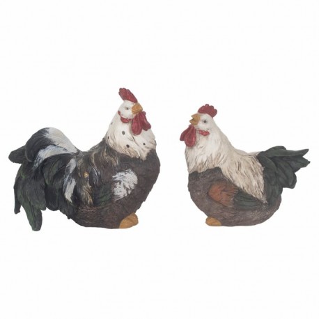 SET 2 FIGURAS GALLO Y GALLINA RESINA RÚSTICO 13X8.5X12 CM.