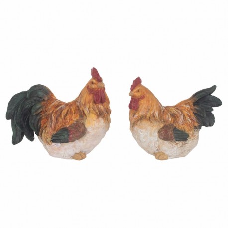 SET 2 FIGURAS GALLO Y GALLINA RESINA RÚSTICO 18X10.5X15 CM.