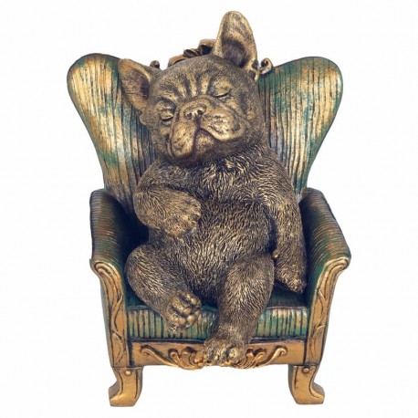 FIGURA PERRO BULLDOG DURMIENTO EN SOFÁ RESINA 12.5X11.5X16 CM.
