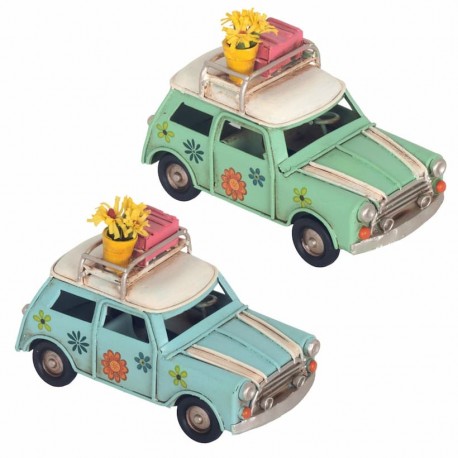 SET 2 FIGURAS COCHE FLORES HIPPIE CON MACETA RETRO METAL Y RESINA 11X5X7 CM.