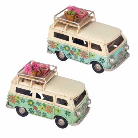 SET 2 FIGURAS FURGONETA FLORES HIPPIE RETRO METAL Y RESINA 11X5X8 CM.