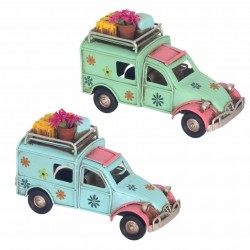 SET 2 FIGURAS COCHE FLORES HIPPIE CON MACETA RETRO METAL Y RESINA 11X4.5X7.5 CM.