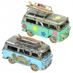 SET 2 FIGURAS FURGONETA CON TABLA SURF RETRO METAL 11X6X7.5 CM.