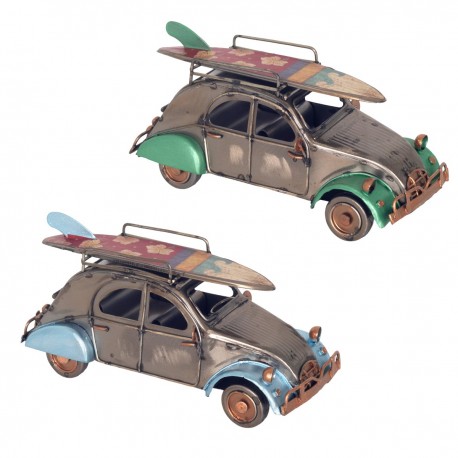 SET 2 FIGURAS COCHE TABLA SURF METAL VINTAGE 17X7X8 CM.