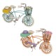 SET 2 FIGURAS BICICLETA CON CESTA DE FLORES MARGARITAS RETRO METAL Y RESINA 23X8.5X14 CM.