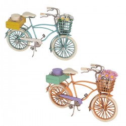 SET 2 FIGURAS BICICLETA CON CESTA DE FLORES MARGARITAS RETRO METAL Y RESINA 23X8.5X14 CM.
