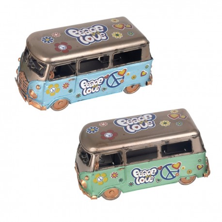 SET 2 FIGURAS FURGONETA FLORES HIPPIE RETRO METAL 20X10X10 CM.