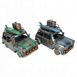 SET 2 FIGURAS COCHE TABLA SURF METAL VINTAGE 20X11X13 CM.