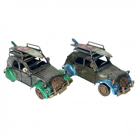 SET 2 FIGURAS COCHE TABLA SURF METAL VINTAGE 20X9X10 CM.