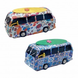 SET 2 FIGURAS FURGONETA FLORES HIPPIE RETRO METAL 16X8X8.50 CM.