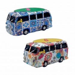 SET 2 FIGURAS FURGONETA FLORES HIPPIE RETRO METAL 11X6X6 CM.