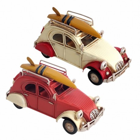 SET 2 FIGURAS COCHE TABLA SURF METAL VINTAGE 16X8X8.5 CM.