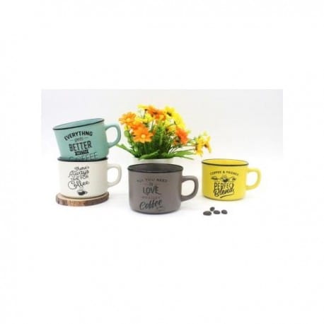 LOTE 6 TAZAS "TIME FOR COFFEE" CON FRASES DIVERTIDAS 7X9 CM.
